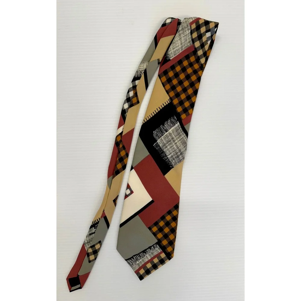 Lords Made in Italy Mens Geometric Patchwork Plaid Silk Tie Burgundy Tan Black